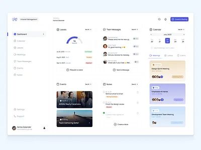 A modern intranet dashboard interface with calendar, team messages, and leaves tracking.
